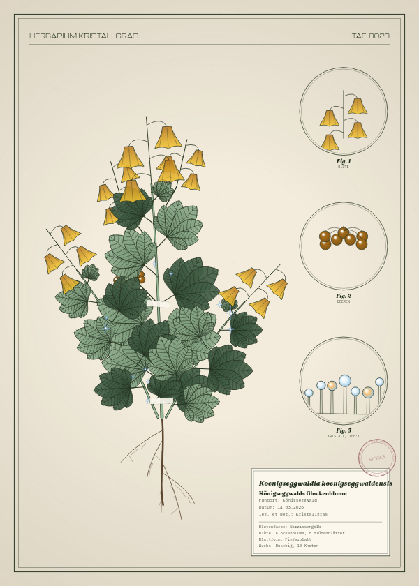 Botanische Tafel: Koenigseggwaldia koenigseggwaldensis, eine erfundene Pflanze aus Königseggwald, gezeichnet wie in einem alten Pflanzenatlas