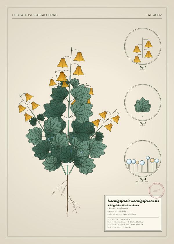 Botanische Tafel: Koenigsfeldia koenigsfeldensis, eine erfundene Pflanze aus Königsfeld, gezeichnet wie in einem alten Pflanzenatlas