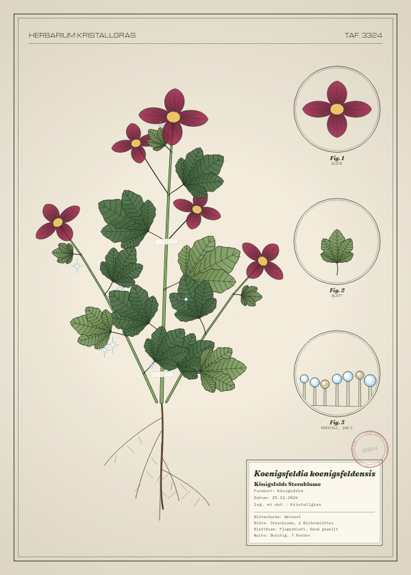 Botanische Tafel: Koenigsfeldia koenigsfeldensis, eine erfundene Pflanze aus Königsfeld, gezeichnet wie in einem alten Pflanzenatlas