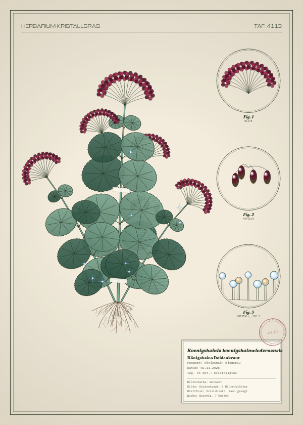 Botanische Tafel: Koenigshainia koenigshainwiederaensis, eine erfundene Pflanze aus Königshain-Wiederau, gezeichnet wie in einem alten Pflanzenatlas