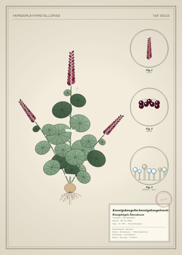 Botanische Tafel: Koenigshuegelia koenigshuegelensis, eine erfundene Pflanze aus Königshügel, gezeichnet wie in einem alten Pflanzenatlas