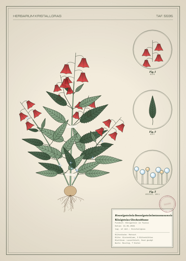 Botanische Tafel: Koenigsteinia koenigsteinimtaunusensis, eine erfundene Pflanze aus Königstein im Taunus, gezeichnet wie in einem alten Pflanzenatlas