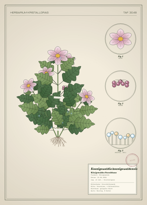 Botanische Tafel: Koenigswaldia koenigswaldensis, eine erfundene Pflanze aus Königswalde, gezeichnet wie in einem alten Pflanzenatlas