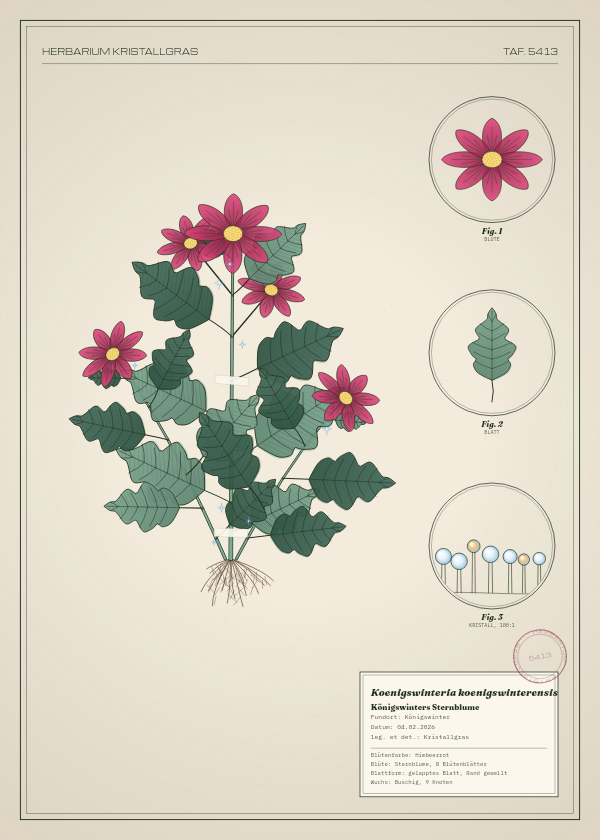 Botanische Tafel: Koenigswinteria koenigswinterensis, eine erfundene Pflanze aus Königswinter, gezeichnet wie in einem alten Pflanzenatlas