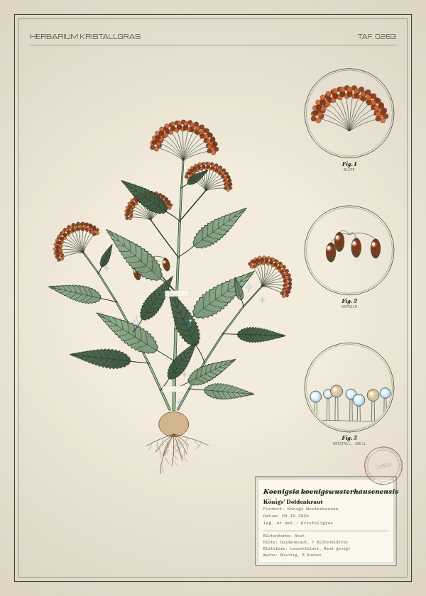 Botanische Tafel: Koenigsia koenigswusterhausenensis, eine erfundene Pflanze aus Königs Wusterhausen, gezeichnet wie in einem alten Pflanzenatlas