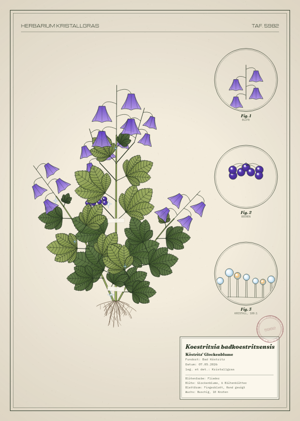 Botanische Tafel: Koestritzia badkoestritzensis, eine erfundene Pflanze aus Bad Köstritz, gezeichnet wie in einem alten Pflanzenatlas