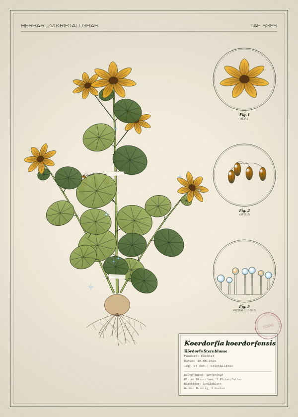 Botanische Tafel: Koerdorfia koerdorfensis, eine erfundene Pflanze aus Kördorf, gezeichnet wie in einem alten Pflanzenatlas