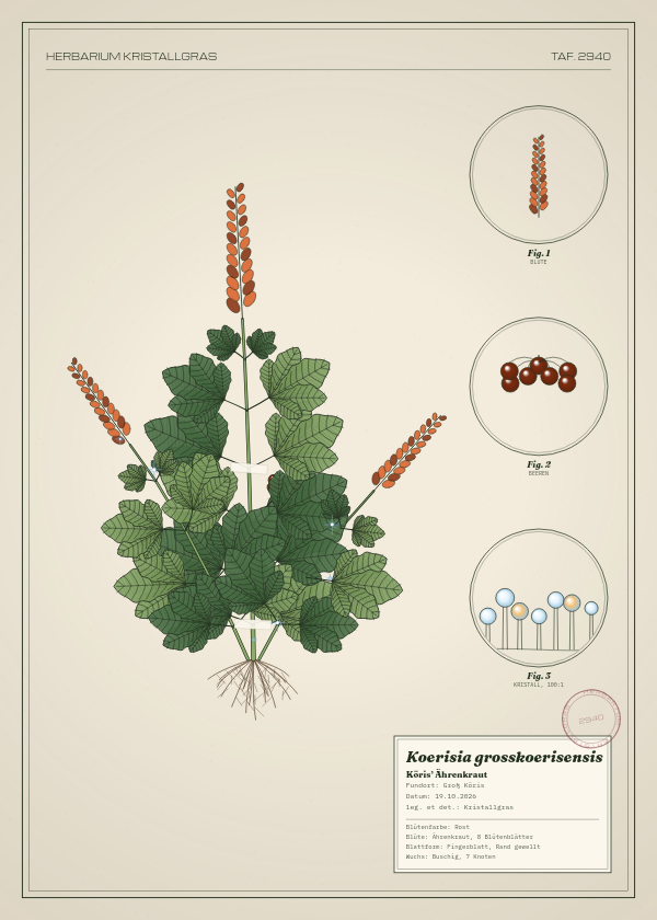Botanische Tafel: Koerisia grosskoerisensis, eine erfundene Pflanze aus Groß Köris, gezeichnet wie in einem alten Pflanzenatlas