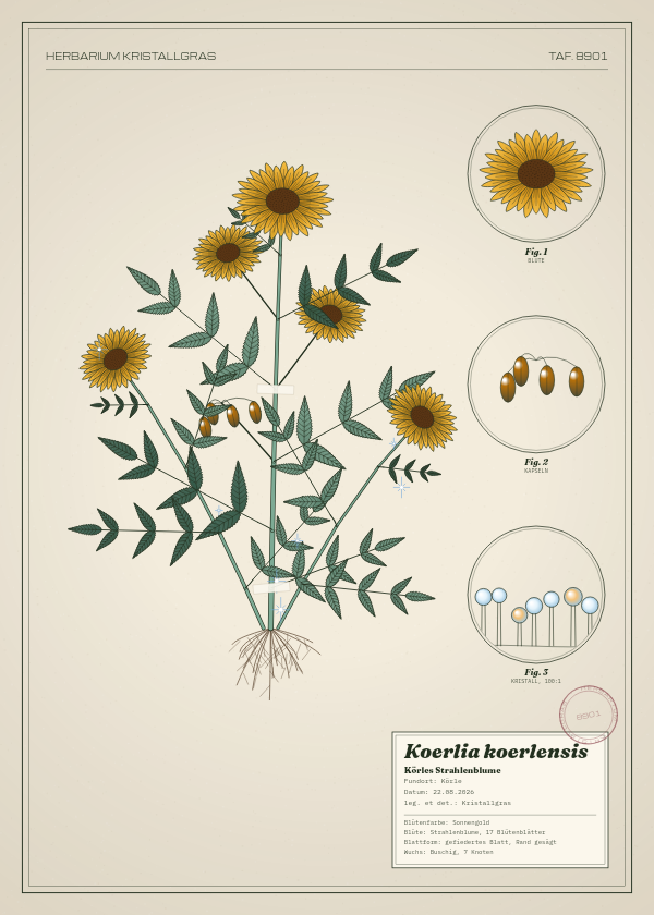 Botanische Tafel: Koerlia koerlensis, eine erfundene Pflanze aus Körle, gezeichnet wie in einem alten Pflanzenatlas