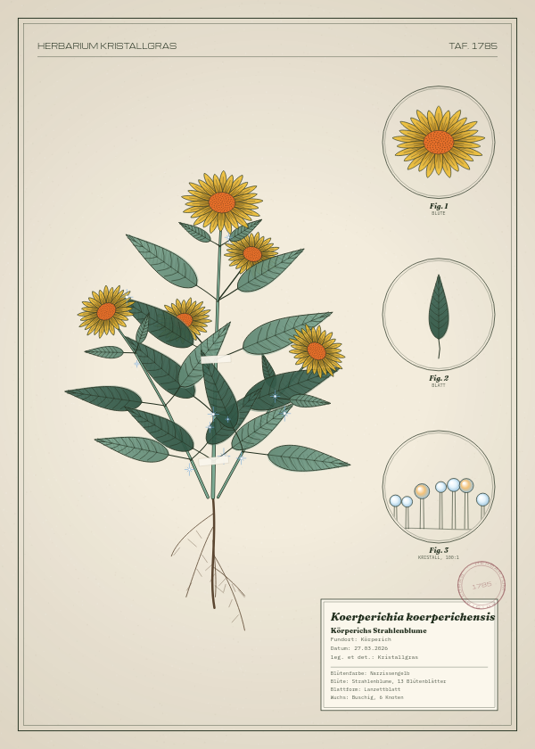 Botanische Tafel: Koerperichia koerperichensis, eine erfundene Pflanze aus Körperich, gezeichnet wie in einem alten Pflanzenatlas