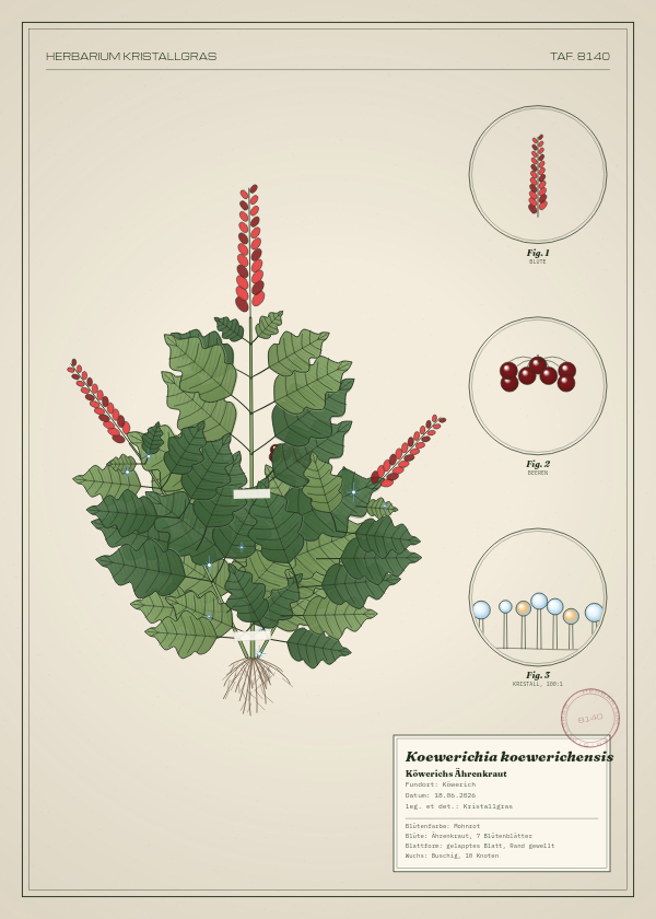 Botanische Tafel: Koewerichia koewerichensis, eine erfundene Pflanze aus Köwerich, gezeichnet wie in einem alten Pflanzenatlas