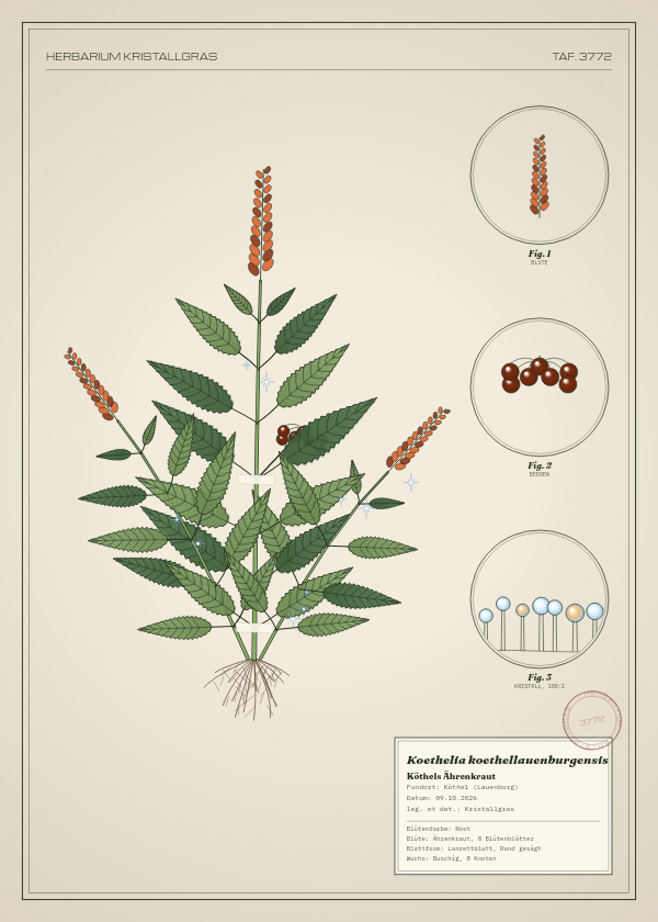 Botanische Tafel: Koethelia koethellauenburgensis, eine erfundene Pflanze aus Köthel (Lauenburg), gezeichnet wie in einem alten Pflanzenatlas