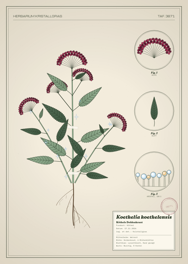 Botanische Tafel: Koethelia koethelensis, eine erfundene Pflanze aus Köthel, gezeichnet wie in einem alten Pflanzenatlas