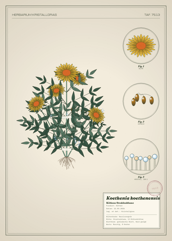 Botanische Tafel: Koethenia koethenensis, eine erfundene Pflanze aus Köthen, gezeichnet wie in einem alten Pflanzenatlas