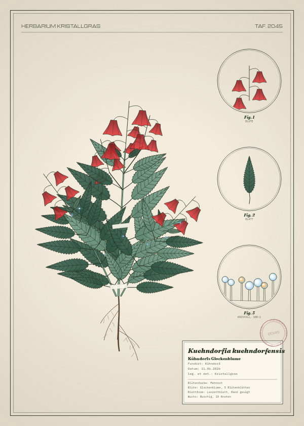 Botanische Tafel: Kuehndorfia kuehndorfensis, eine erfundene Pflanze aus Kühndorf, gezeichnet wie in einem alten Pflanzenatlas