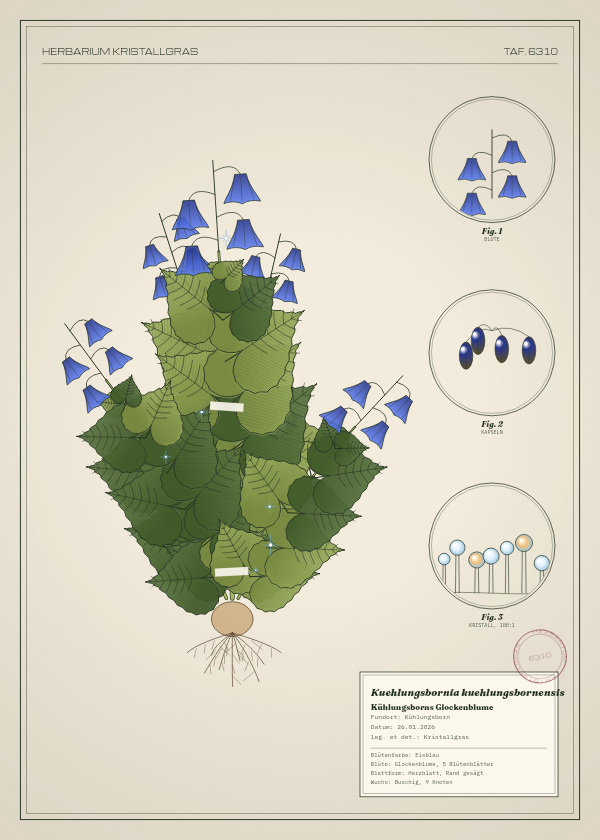Botanische Tafel: Kuehlungsbornia kuehlungsbornensis, eine erfundene Pflanze aus Kühlungsborn, gezeichnet wie in einem alten Pflanzenatlas