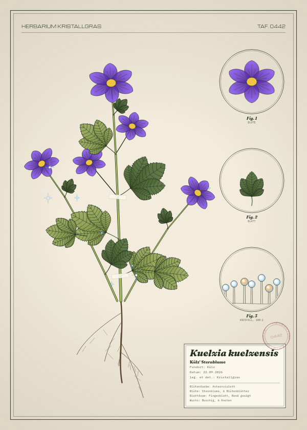 Botanische Tafel: Kuelzia kuelzensis, eine erfundene Pflanze aus Külz, gezeichnet wie in einem alten Pflanzenatlas