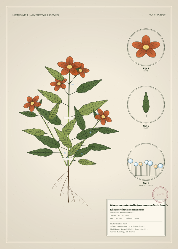 Botanische Tafel: Kuemmernitztalia kuemmernitztalensis, eine erfundene Pflanze aus Kümmernitztal, gezeichnet wie in einem alten Pflanzenatlas