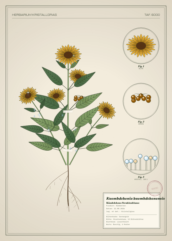 Botanische Tafel: Kuembdchenia kuembdchenensis, eine erfundene Pflanze aus Kümbdchen, gezeichnet wie in einem alten Pflanzenatlas