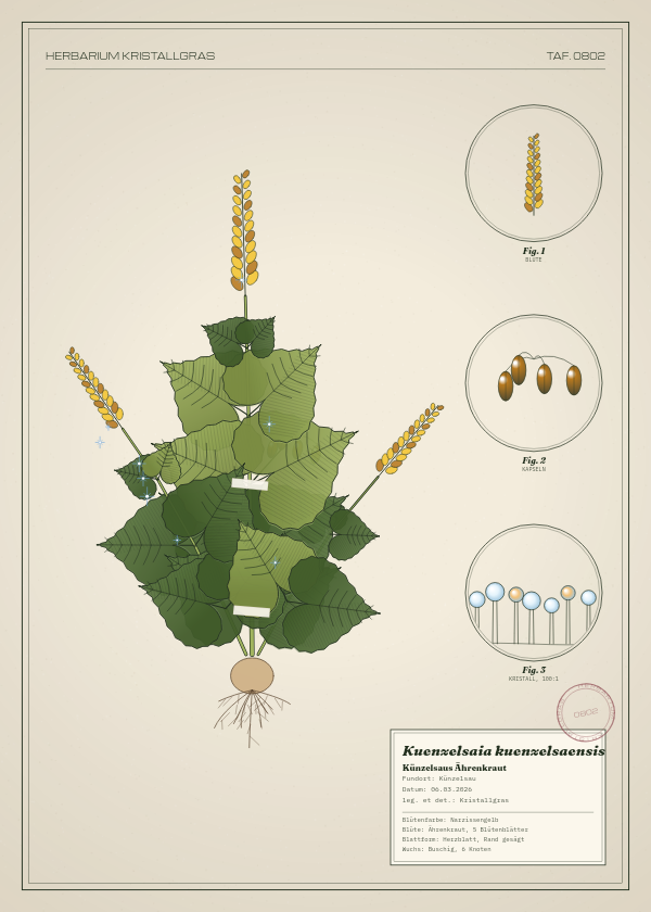 Botanische Tafel: Kuenzelsaia kuenzelsaensis, eine erfundene Pflanze aus Künzelsau, gezeichnet wie in einem alten Pflanzenatlas
