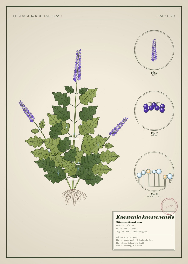 Botanische Tafel: Kuestenia kuestenensis, eine erfundene Pflanze aus Küsten, gezeichnet wie in einem alten Pflanzenatlas
