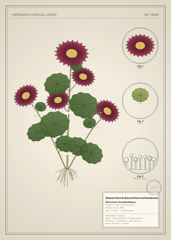 Botanische Tafel: Kuestrineria kuestrinervorlandensis, eine erfundene Pflanze aus Küstriner Vorland, gezeichnet wie in einem alten Pflanzenatlas