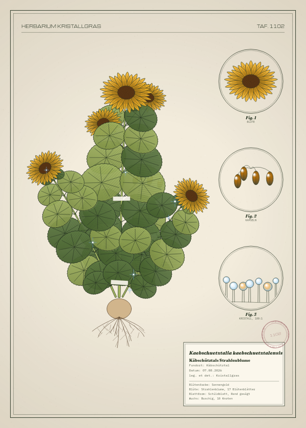 Botanische Tafel: Kaebschuetztalia kaebschuetztalensis, eine erfundene Pflanze aus Käbschütztal, gezeichnet wie in einem alten Pflanzenatlas