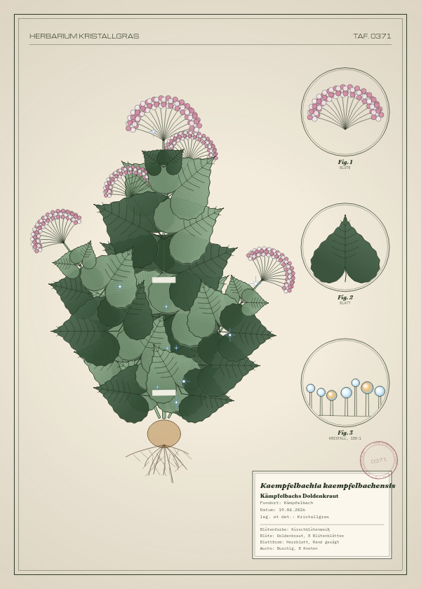 Botanische Tafel: Kaempfelbachia kaempfelbachensis, eine erfundene Pflanze aus Kämpfelbach, gezeichnet wie in einem alten Pflanzenatlas