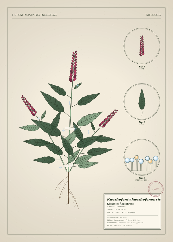 Botanische Tafel: Kaeshofenia kaeshofenensis, eine erfundene Pflanze aus Käshofen, gezeichnet wie in einem alten Pflanzenatlas