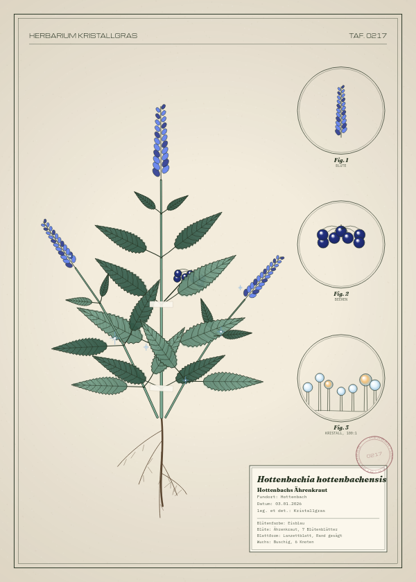 Botanische Tafel: Hottenbachia hottenbachensis, eine erfundene Pflanze aus Hottenbach, gezeichnet wie in einem alten Pflanzenatlas