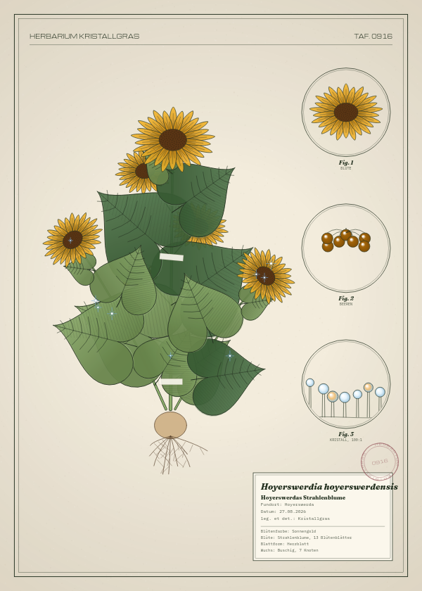 Botanische Tafel: Hoyerswerdia hoyerswerdensis, eine erfundene Pflanze aus Hoyerswerda, gezeichnet wie in einem alten Pflanzenatlas