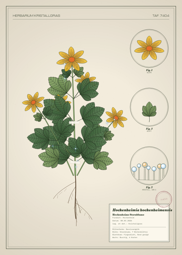 Botanische Tafel: Hockenheimia hockenheimensis, eine erfundene Pflanze aus Hockenheim, gezeichnet wie in einem alten Pflanzenatlas