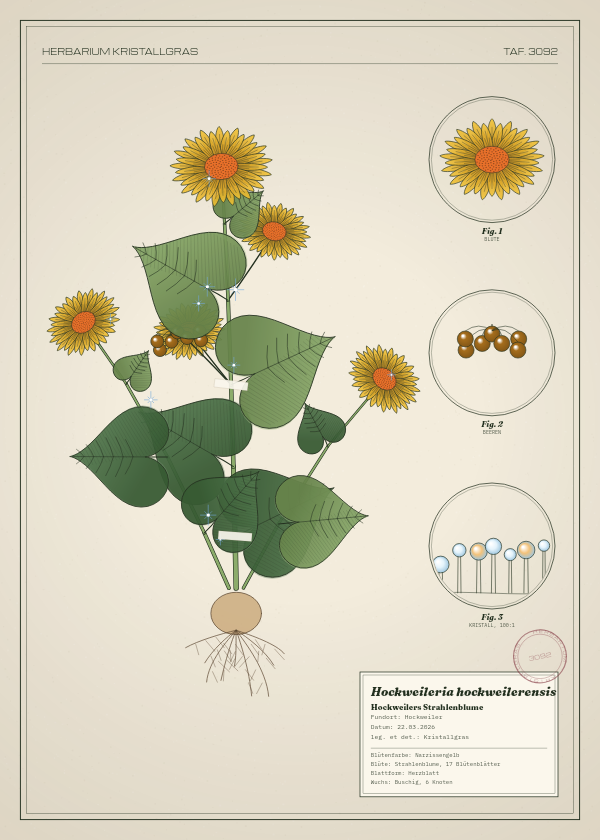 Botanische Tafel: Hockweileria hockweilerensis, eine erfundene Pflanze aus Hockweiler, gezeichnet wie in einem alten Pflanzenatlas