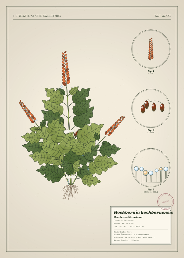 Botanische Tafel: Hochbornia hochbornensis, eine erfundene Pflanze aus Hochborn, gezeichnet wie in einem alten Pflanzenatlas
