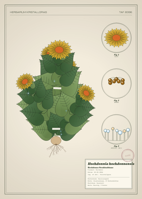Botanische Tafel: Hochdonnia hochdonnensis, eine erfundene Pflanze aus Hochdonn, gezeichnet wie in einem alten Pflanzenatlas