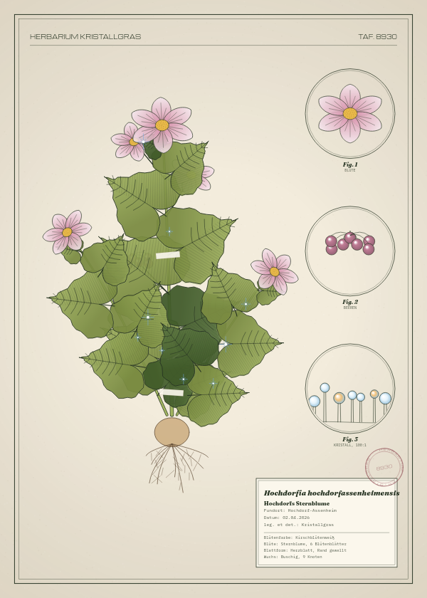 Botanische Tafel: Hochdorfia hochdorfassenheimensis, eine erfundene Pflanze aus Hochdorf-Assenheim, gezeichnet wie in einem alten Pflanzenatlas