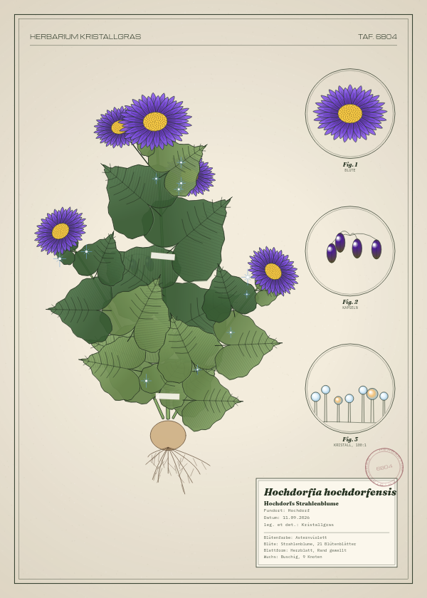 Botanische Tafel: Hochdorfia hochdorfensis, eine erfundene Pflanze aus Hochdorf, gezeichnet wie in einem alten Pflanzenatlas