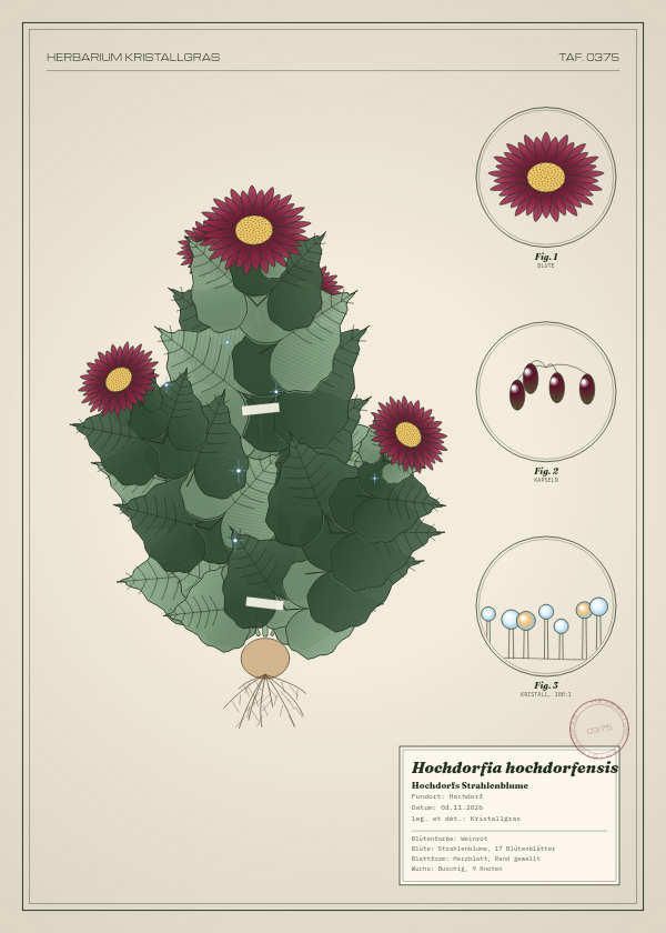 Botanische Tafel: Hochdorfia hochdorfensis, eine erfundene Pflanze aus Hochdorf, gezeichnet wie in einem alten Pflanzenatlas
