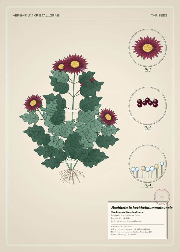 Botanische Tafel: Hochheimia hochheimammainensis, eine erfundene Pflanze aus Hochheim am Main, gezeichnet wie in einem alten Pflanzenatlas