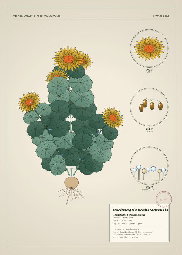 Botanische Tafel: Hochstadtia hochstadtensis, eine erfundene Pflanze aus Hochstadt, gezeichnet wie in einem alten Pflanzenatlas
