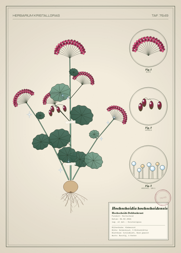 Botanische Tafel: Hochscheidia hochscheidensis, eine erfundene Pflanze aus Hochscheid, gezeichnet wie in einem alten Pflanzenatlas