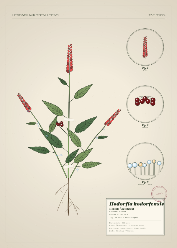 Botanische Tafel: Hodorfia hodorfensis, eine erfundene Pflanze aus Hodorf, gezeichnet wie in einem alten Pflanzenatlas