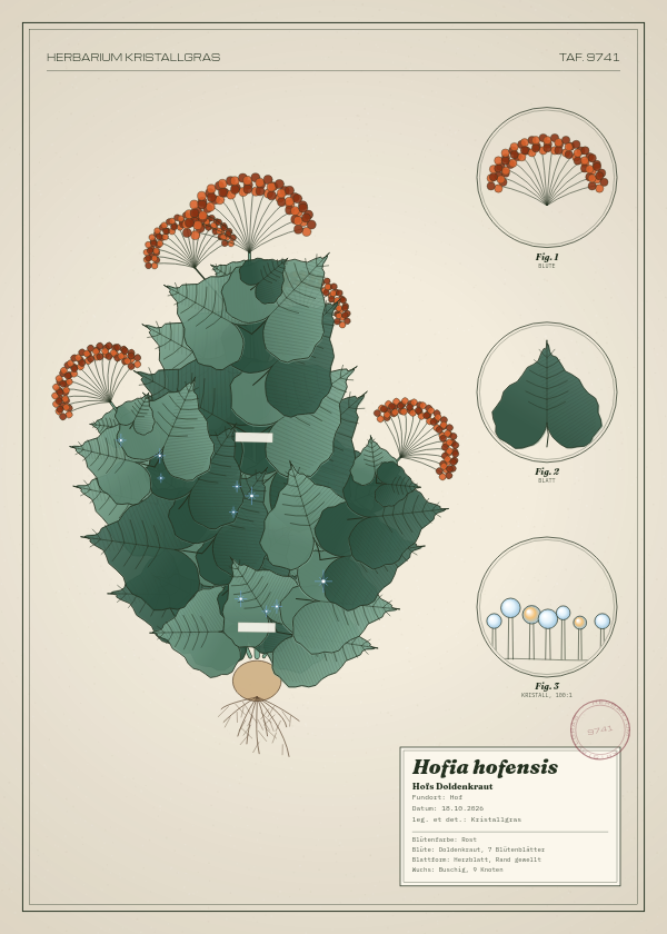 Botanische Tafel: Hofia hofensis, eine erfundene Pflanze aus Hof, gezeichnet wie in einem alten Pflanzenatlas