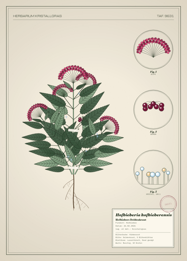 Botanische Tafel: Hofbieberia hofbieberensis, eine erfundene Pflanze aus Hofbieber, gezeichnet wie in einem alten Pflanzenatlas