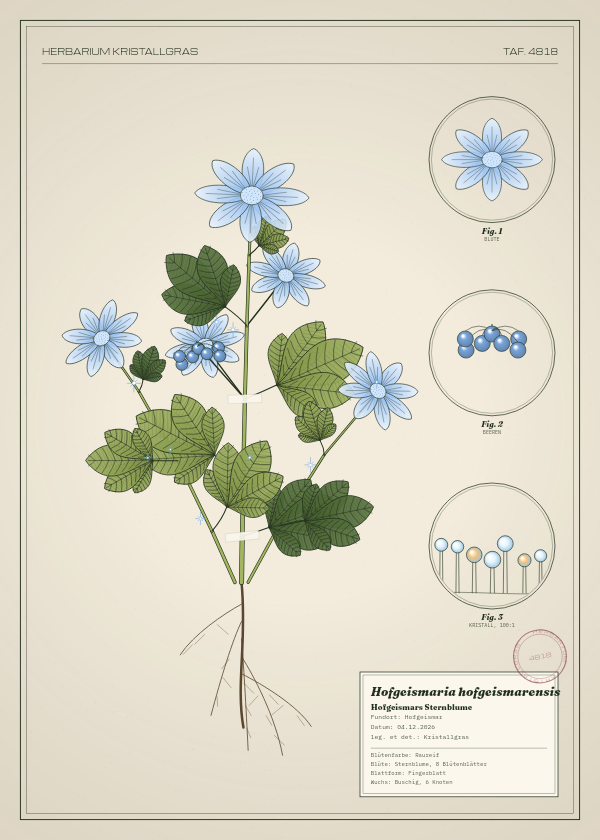 Botanische Tafel: Hofgeismaria hofgeismarensis, eine erfundene Pflanze aus Hofgeismar, gezeichnet wie in einem alten Pflanzenatlas