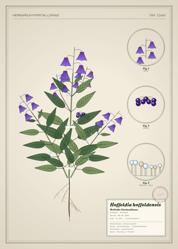 Botanische Tafel: Hoffeldia hoffeldensis, eine erfundene Pflanze aus Hoffeld, gezeichnet wie in einem alten Pflanzenatlas