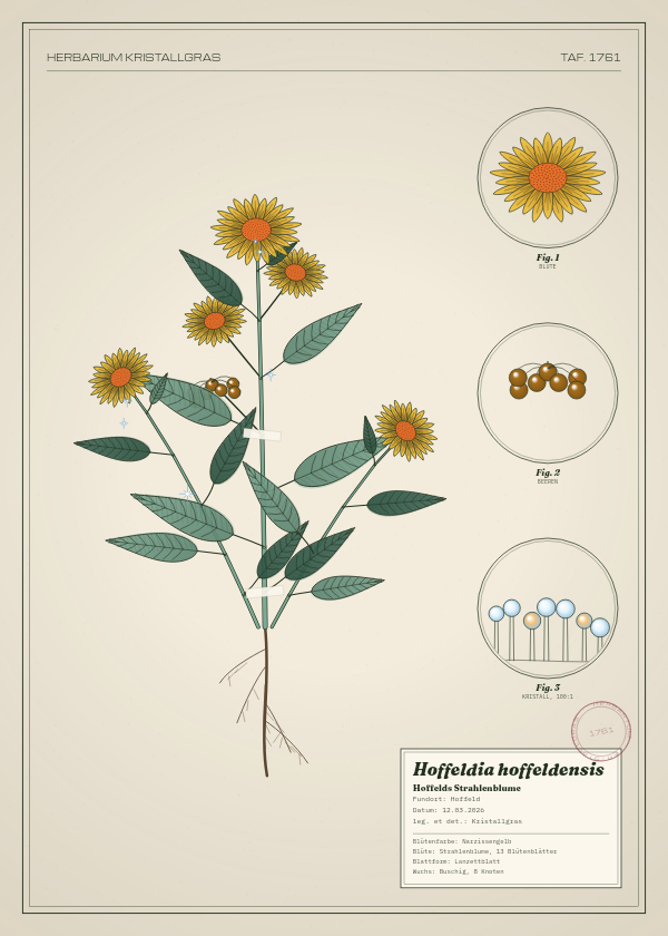 Botanische Tafel: Hoffeldia hoffeldensis, eine erfundene Pflanze aus Hoffeld, gezeichnet wie in einem alten Pflanzenatlas