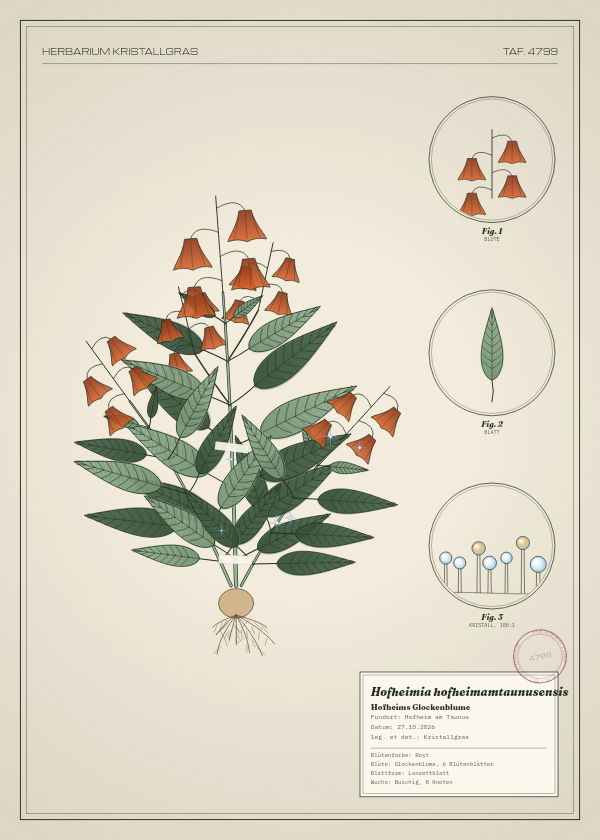 Botanische Tafel: Hofheimia hofheimamtaunusensis, eine erfundene Pflanze aus Hofheim am Taunus, gezeichnet wie in einem alten Pflanzenatlas