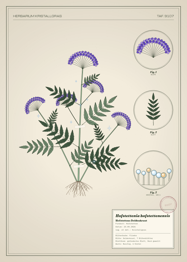 Botanische Tafel: Hofstettenia hofstettenensis, eine erfundene Pflanze aus Hofstetten, gezeichnet wie in einem alten Pflanzenatlas