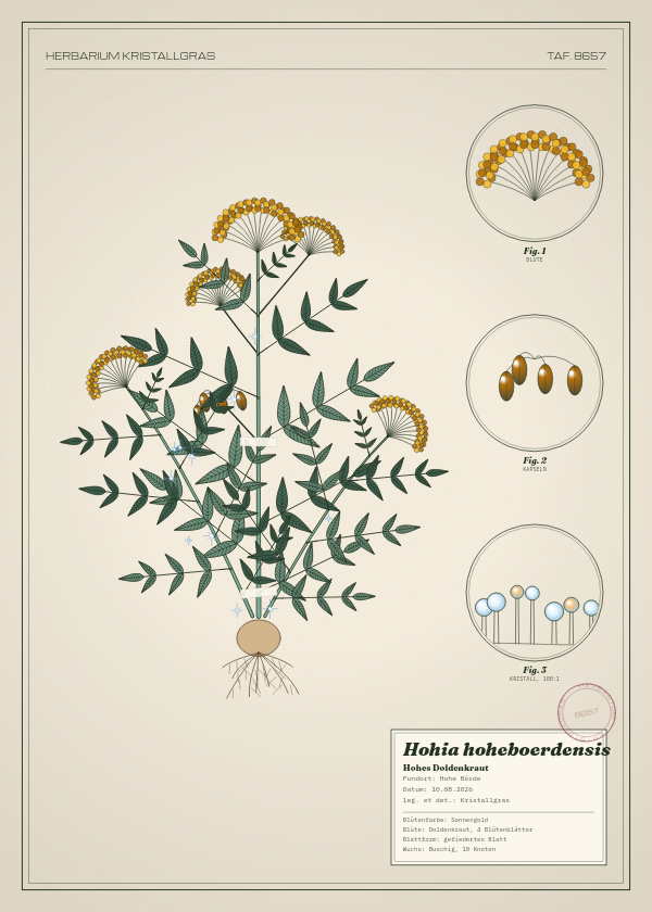 Botanische Tafel: Hohia hoheboerdensis, eine erfundene Pflanze aus Hohe Börde, gezeichnet wie in einem alten Pflanzenatlas